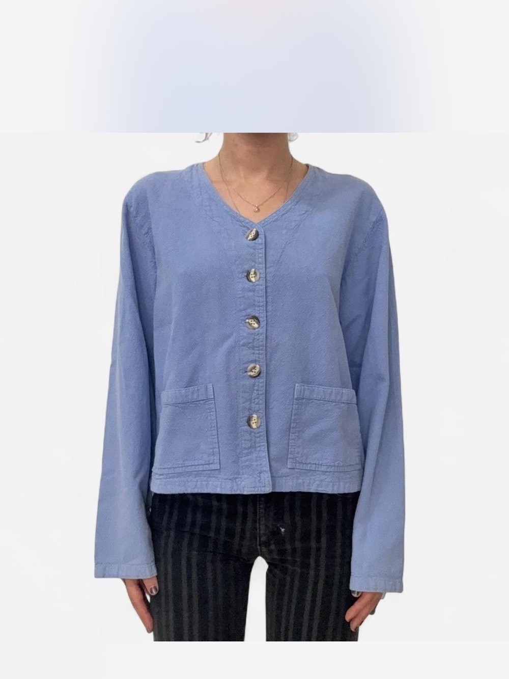 Vintage Light Blue Button-Front Cotton Women's Cardigan